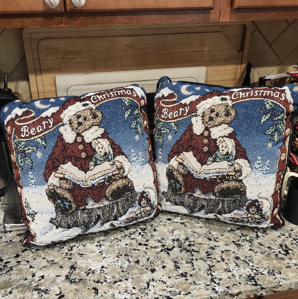 Vintage 90s Boyds Bears Beary Christmas Bear Tapestry Throw Pillow Set